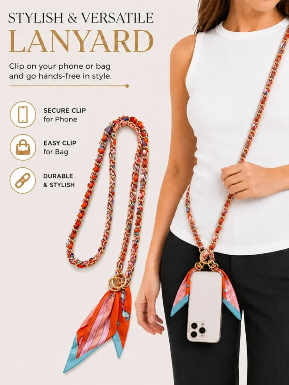 Ribbon Chain Phone Crossbody Lanyard with clear Tether Patch